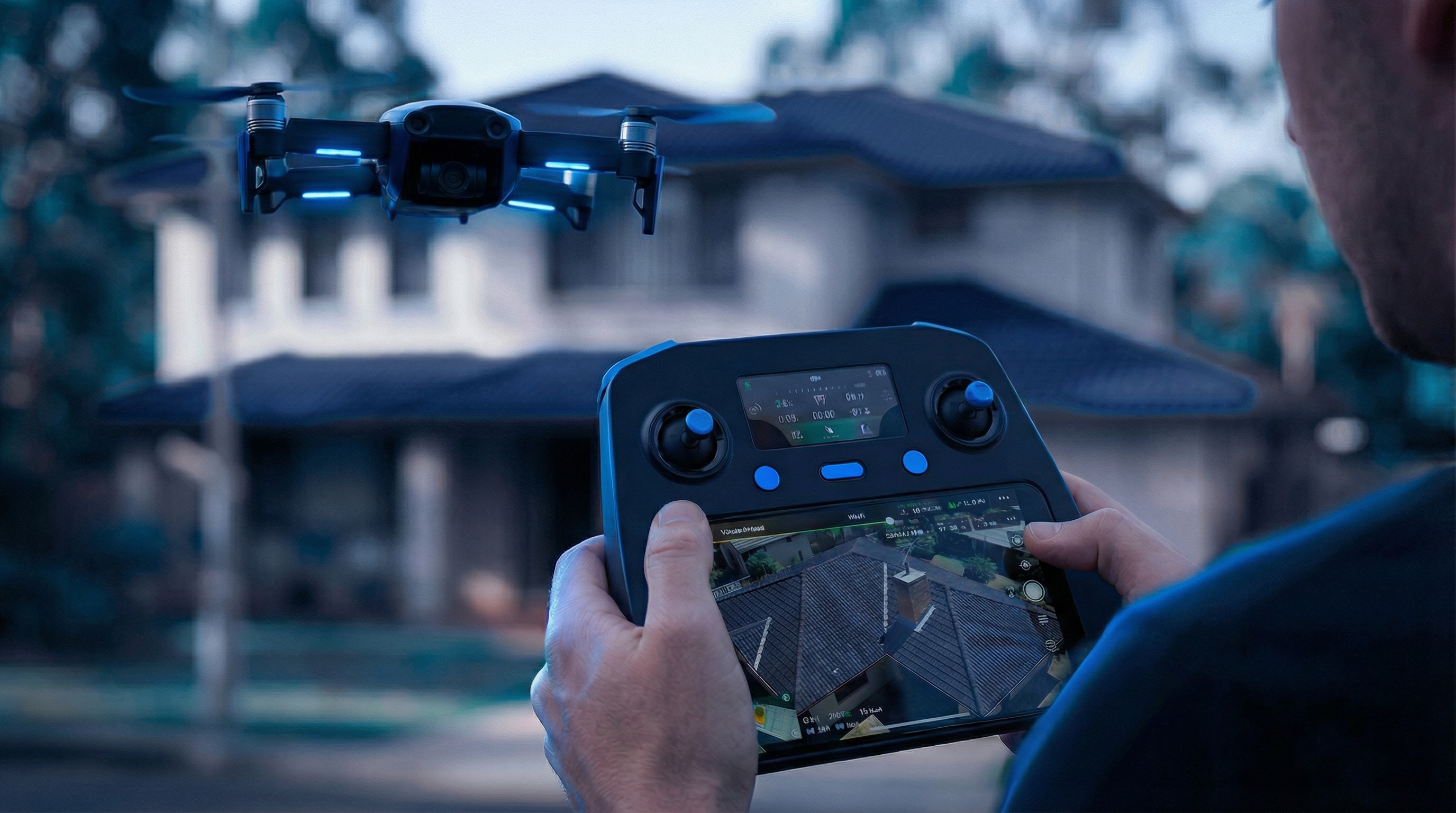 Agent pilotând drona lângă o casă